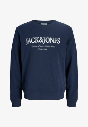 Meresinist pikkade varrukatega dressipluus, millel on ees „JACK & JONES“ logo ja väiksem käsitsi kirjutatud kiri „Definition of denim Nineteen ninety Design Dept.“.