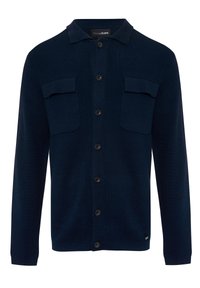 Námořnický modrý cardigan s límcem, dvěma kapsami na prsou, zapínáním na knoflíky a texturovanou látkou. Obsahuje šest knoflíků po celé délce.