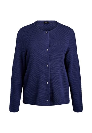 Marineblauwe cardigan met een gestructureerd breipatroon, ronde halslijn en zilverkleurige knoopsluitingen aan de voorkant. Lange mouwen, losse pasvorm.