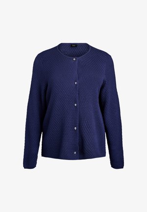 Navy blue cardigan with textured knit pattern, round neckline, and silver button closures down the front. Long sleeves, loose fit.