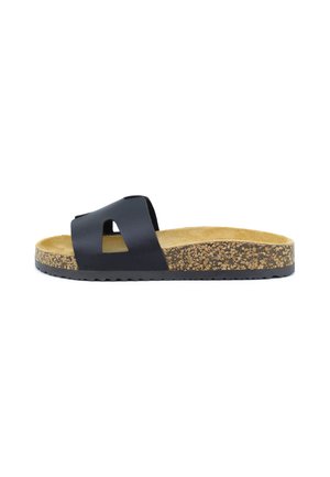 Sandalo nero tipo slide con ampia fascia singola, soletta in sughero e suola in gomma nera texturizzata, mostrato di profilo su sfondo bianco.