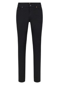 Svarta denimjeans med slim fit, med klassiska femficksdetaljer, knappstängning och en slät textur. Kopparfärgade detaljer synliga.