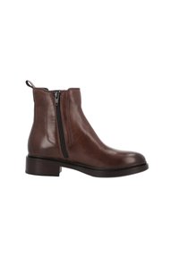 Brązowy skórzany botek za kostkę z zamkiem błyskawicznym po boku, okrągłym noskiem, niskim zwężanym obcasem i uchwytem z tyłu. Gładka tekstura, minimalistyczny design.