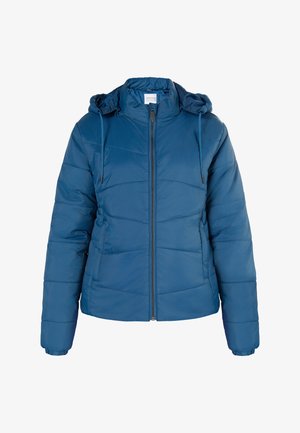 Blauwe pufferjack met capuchon, rits aan de voorkant en elastische manchetten. Gequilte ontwerp met een gladde textuur en verstelbare trekkoorden.