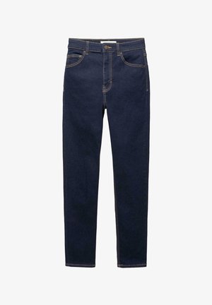 Mörkblå denimjeans med slim fit, som har kontrasterande gul sömnad, knappstängning och fram- och bakfickor.