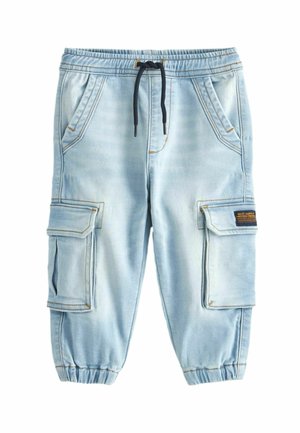 Hellblaue Denim-Cargohosen mit elastischem Bund, schwarzem Kordelzug, mehreren Taschen und elastischen Bündchen.