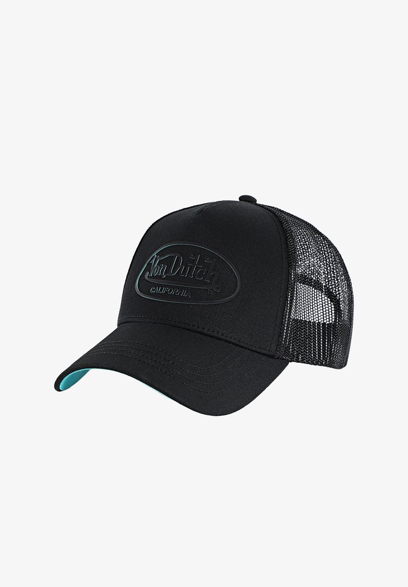 Gorra de camionero negra con parte trasera de malla, visera curva con parte inferior azul claro y logotipo en relieve "Von Dutch California" en el panel frontal.