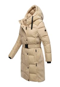 Beige pufferjas met een nepbont kraag, een ceintuur in de taille en ritssluitingen. Kenmerkt zich door een geborduurd ontwerp en zwarte hardware accenten.