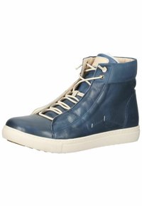 Herensneaker met middelhoge schacht in marineblauw leer met crèmekleurige veters, een gladde afwerking, versterkte neus en witte rubberen zool. Versterkte hielondersteuning.