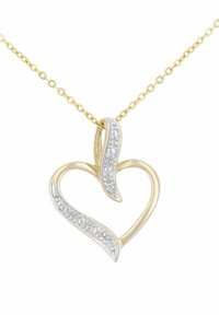 Zelta un sudraba sirds kulons ar savīti dizainu, kurā ir caurspīdīgi akcenti un gluda virsma. Pievienots ķēdei.