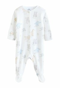 Detské body s dlhým rukávom z jemnej bielej látky, s motívmi zvierat v pastelových farbách, zapínaním na patentky vpredu a prekrývajúcimi sa nohavičkami.