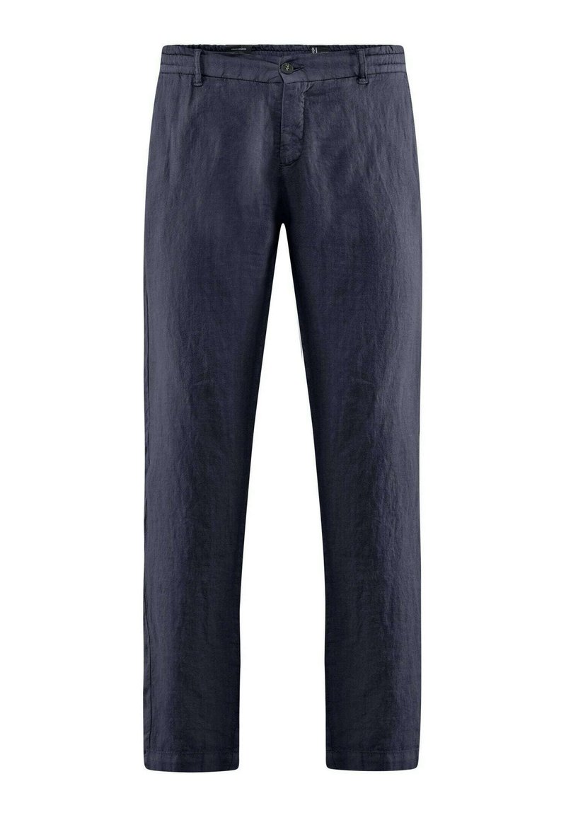 Pantaloni in lino blu navy con design a gamba dritta, dotati di chiusura con bottone, zip e due tasche frontali. Tessuto liscio e vestibilità rilassata.