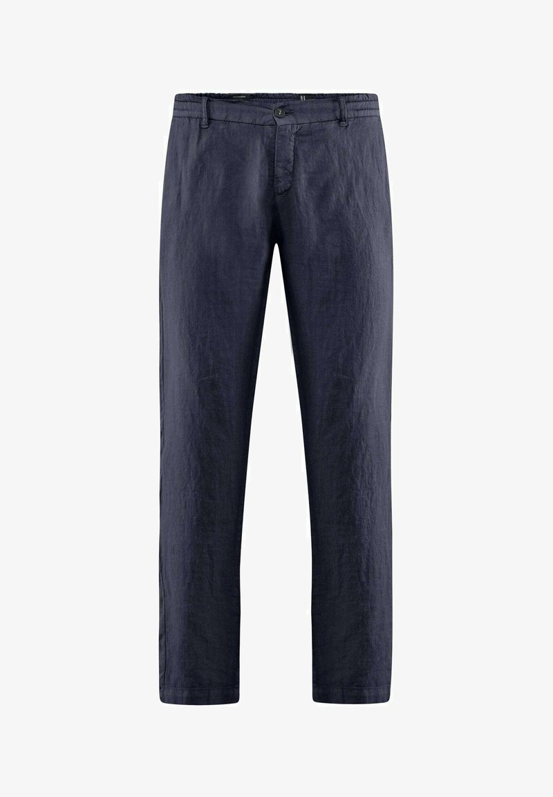 Pantaloni in lino blu navy con design a gamba dritta, dotati di chiusura con bottone, zip e due tasche frontali. Tessuto liscio e vestibilità rilassata.