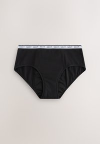 Slip en coton noir avec une ceinture élastique blanche portant le texte "NEXT" en motif répété. Texture lisse et design taille haute.
