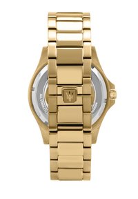 Guld rustfrit stål ur med en børstet overflade, der har et armbånd med leddesign, et rundt urkasse og en krone på siden.