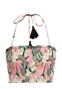 Kleurrijke stoffen crop top met bloemenpatroon in roze, groen en zwart, met verstelbare strikbandjes en een kwastaccent.