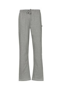 Graue Sweatpants mit weichem Textil, elastischem Bund, Kordelzugverschluss und weit geschnittenen Beinen; keine sichtbaren Muster oder Verzierungen.