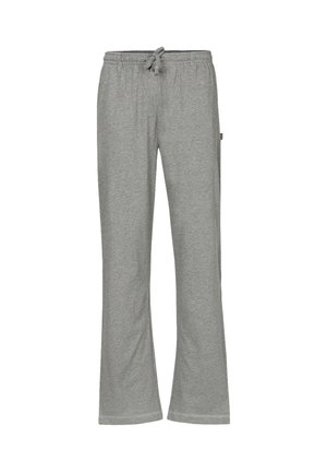 Pantaloni in felpa grigia con una texture morbida, vita elasticizzata, chiusura con cordino e gambe svasate; nessun motivo o decorazione visibile.