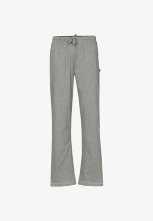 Pantaloni in felpa grigia con una texture morbida, vita elasticizzata, chiusura con cordino e gambe svasate; nessun motivo o decorazione visibile.