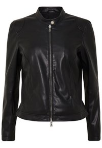 Zwarte leren jas met een hoge kraag, rits aan de voorkant en gestroomlijnd ontwerp. Heeft gebogen naden en metalen ritssluiting.