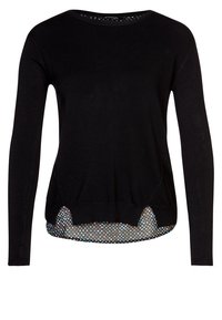 Černý svetr s dlouhým rukávem a kulatým výstřihem, s dolním lemem zdobeným puntíkovaným vzorem a bočními rozparky pro zvýraznění detailů.