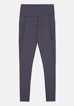 Mørkegrå leggings med høy midje, med sidelommer og teksturerte sømdetaljer. Laget av stretchy, pustende stoff.