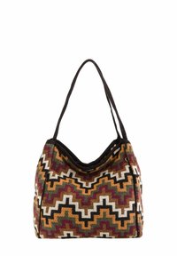 Multifarbene Stofftragetasche mit einem geometrischen Zickzackmuster in Braun, Orange, Grün und Creme. Schwarze Schulterriemen, weiche Textur.