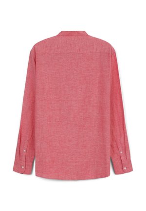 Camicia rossa a maniche lunghe con colletto a bottoni, tessuto liscio e polsini con singolo bottone, con design posteriore semplice.