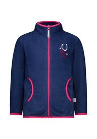 Marine fleece jack met roze rits en zakranden, hoge kraag en geborduurd ontwerp met een hoefijzer en sterren op de borst.