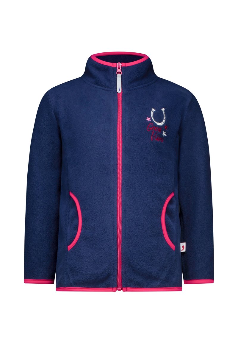Marine fleece jack met roze rits en zakranden, hoge kraag en geborduurd ontwerp met een hoefijzer en sterren op de borst.