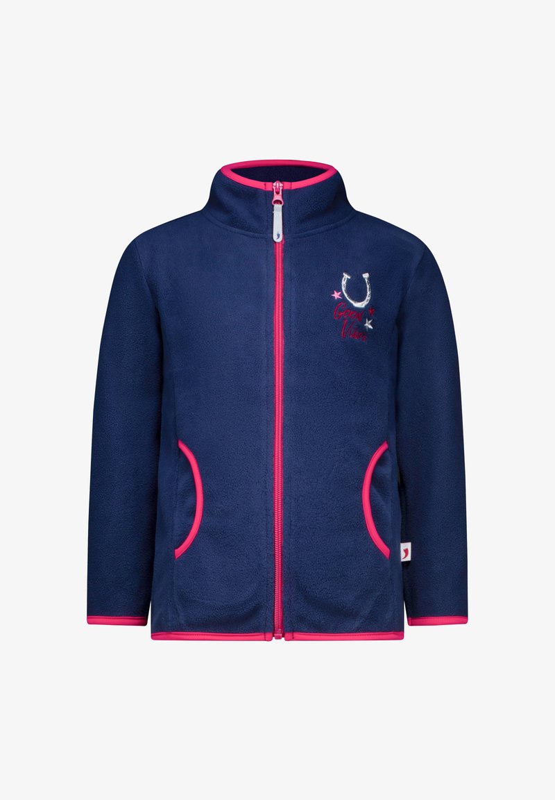 Marineblaues Fleece-Jackett mit pinkem Reißverschluss und Taschenbesatz, hohem Kragen und gesticktem Design mit einem Hufeisen und Sternen auf der Brust.