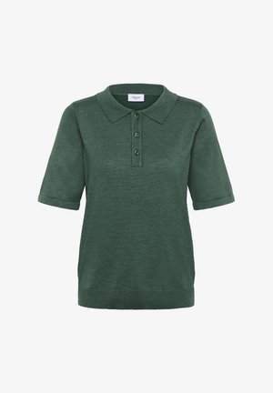 Zöld pólóing puha anyagból, galléros nyakkal, rövid ujjakkal és három gombos légies részlettel. bordázott alsó szegély.