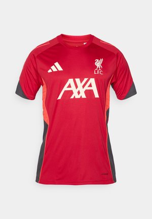 Red sports jersey with black and orange accents, featuring the Liverpool FC crest, "AXA" logo, and Adidas stripes on the shoulders.