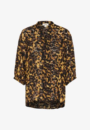 Leopardenmuster-Bluse aus halbtransparentem Stoff, in Schwarz- und Gelbtönen, mit langen Ärmeln und lockerer Passform. Verfügt über einen kragenlosen Ausschnitt und eine Knopfleiste vorne.