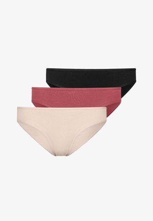 Set di tre mutandine in nero, rosa scuro e beige. Il tessuto è liscio, con un design senza cuciture e vita medio-alta.