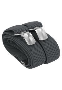 Grauer elastischer Gürtel mit strukturierter Oberfläche, ausgestattet mit zwei silbernen Metallclips zur Anpassung. Spiralform für kompakte Aufbewahrung.