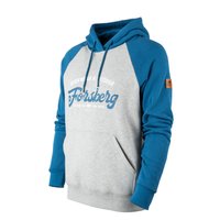 Grauer und blauer Kapuzenpullover mit einer Fronttasche, Kordelzugkapuze und bedrucktem Markenlogo. Mit gerippten Bündchen und einem braunen Lederpatch am Ärmel.