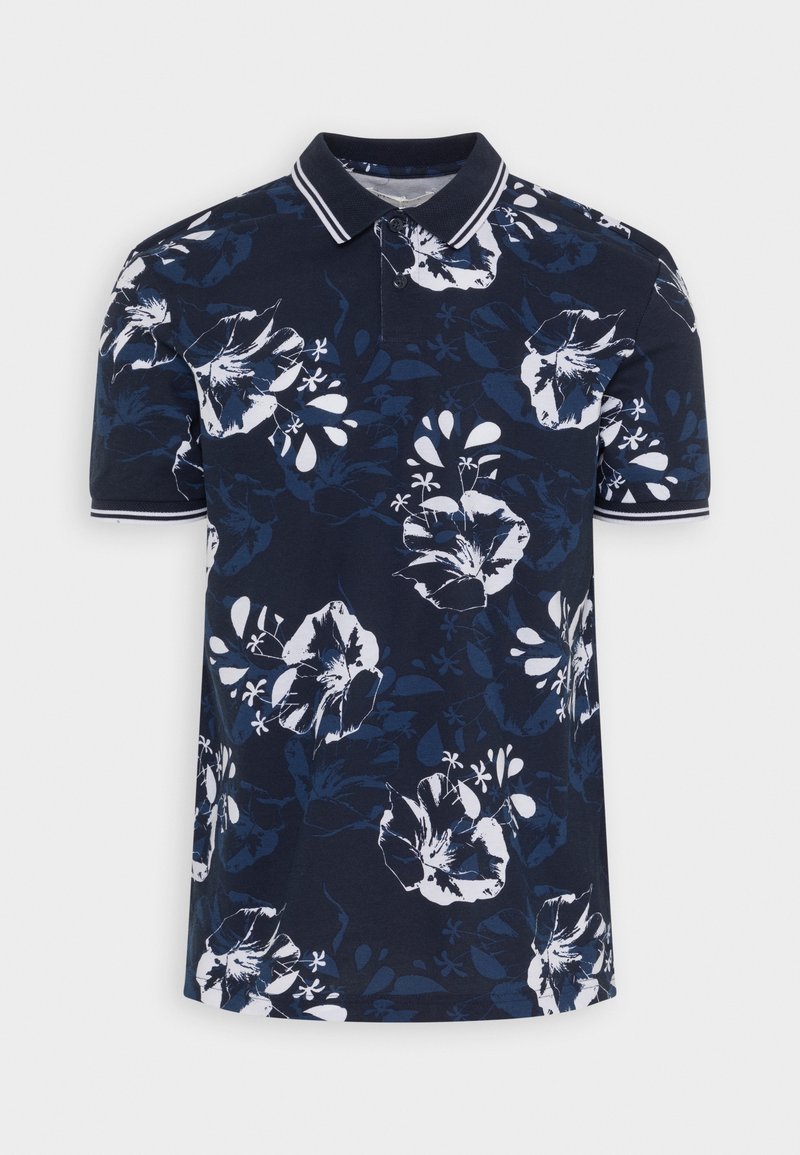 Polo shirt bleu marine avec un motif floral blanc et bleu foncé, à manches courtes, avec une patte de boutonnage à deux boutons et des rayures au col et aux bords des manches.