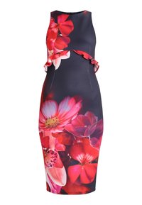 Abito nero aderente senza maniche con stampe floreali rosse e rosa, caratterizzato da un dettaglio a volants sul petto e in vita.