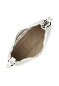 Borsa bianca con zip, esterno liscio e interno morbido marrone. Presenta un dettaglio circolare in metallo e una zip a contrasto.