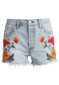 Světle modré džínové šortky s třepeným lemem a květinovou výšivkou v oranžové a červené barvě na přední straně. Mají přední kapsy a zapínání na knoflíky.