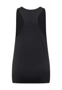 Zwart tanktop met een gestructureerde afwerking, voorzien van een ronde hals en een mouwloos ontwerp. Glad materiaal en gebogen zijkanten voor comfort.