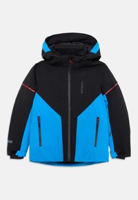 Veste imperméable noire et bleue avec capuche, dotée d'un design géométrique, d'accents rouges et de plusieurs poches zippées.