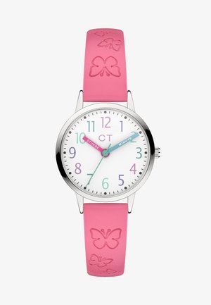 Ronde horloge met een witte wijzerplaat, zilveren kast, roze rubberen band met reliëf van vlinders, en gekleurde u renmarkers in paars, blauw en groen.