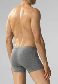 Szare bawełniane bokserki w kolorze szarym z jednolitą szarością w pasie. Projekt jest dopasowany i gładki, ukazując przylegający kształt z tyłu.