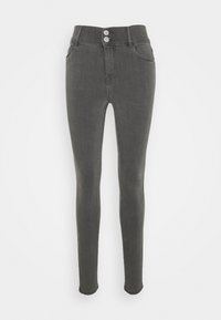 Jeans skinny cinza em tecido denim, com uma cintura alta, fecho de botão duplo e um acabamento liso sem adornos.