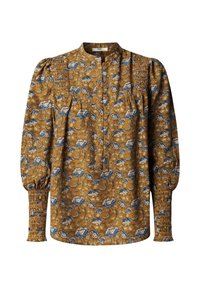 Blouse marron à manches longues avec motif floral bleu et blanc, poignets et épaules froncés, et boutons au centre devant.