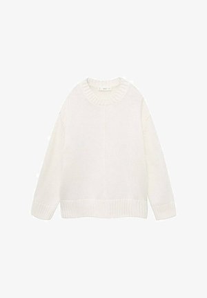 Weißer Strickpullover mit geripptem Kragen und Saum. Hat einen lockeren Schnitt und lange Ä sleeves, gefertigt aus weichem, strukturiertem Stoff. Einfaches, klares Design.