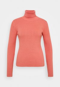 Pull à col roulé côtelé corail, doté de manches longues et d'une coupe ajustée. Confectionné dans un tissu doux au toucher lisse.