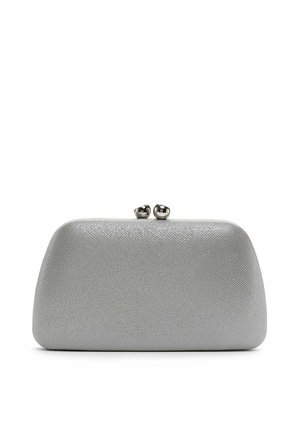 Silver faux leather clutch with a textured surface, rounded shape, and a metallic kiss-lock closure for secure fastening.